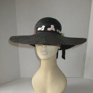 Vintage 1970's Black Wide Brim Straw Cartwheel Hat w/Flowers Made In Italy